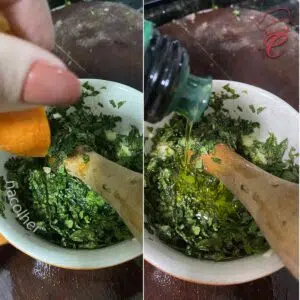 amassando o restanto dos ingredientes para o molho de hortela
