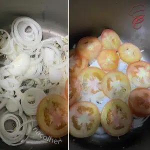 fazendo uma camada de cebola, alho e tomate na panela de pressao