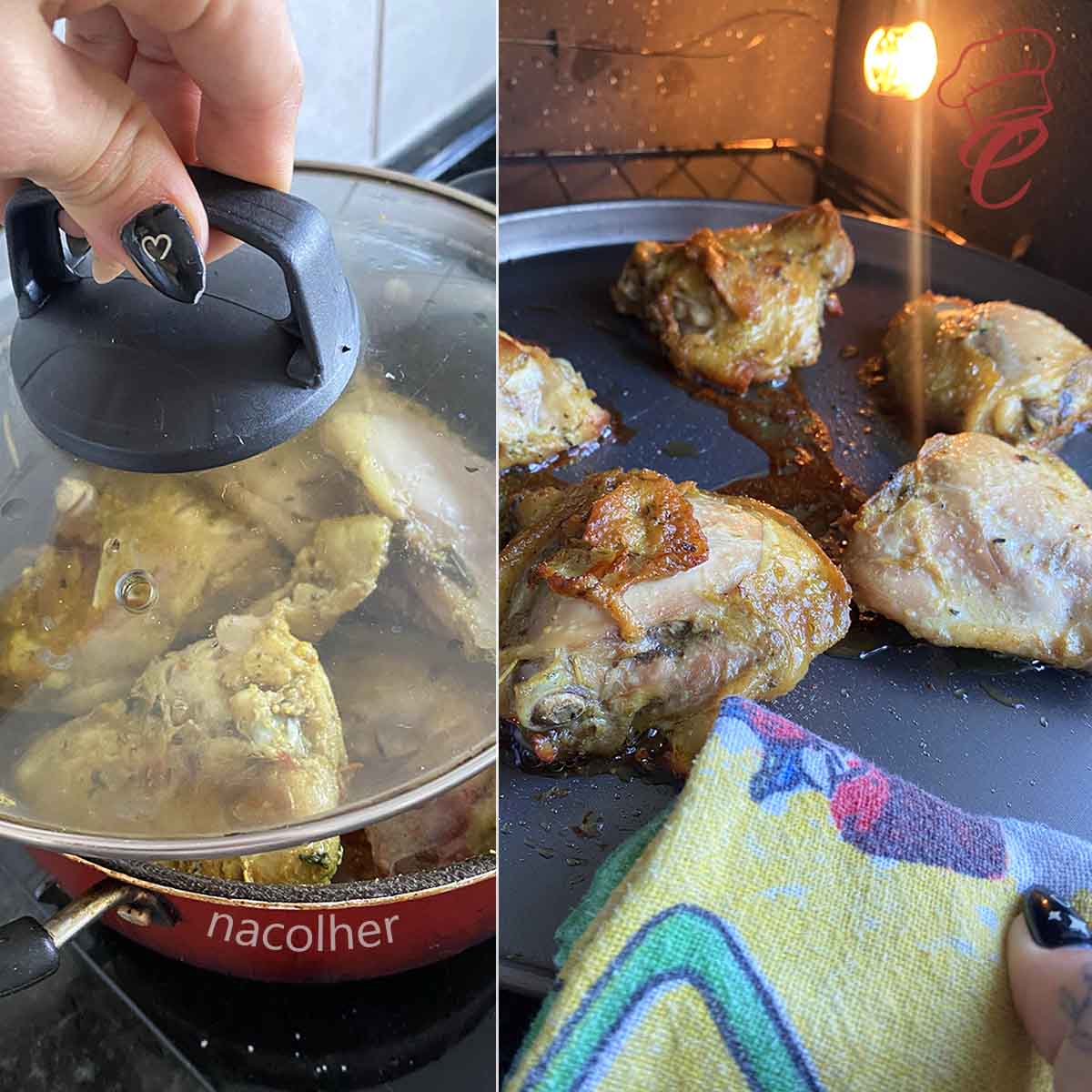 cozinhando o frango em uma panela e na outra foto o frango esta numa forma saindo ao forno