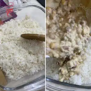 misturando molho com arroz para arroz de forno cremoso