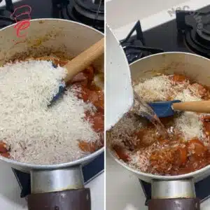 adicionando arroz e água para arroz com salsicha
