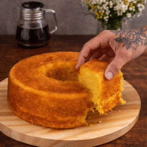 Bolo de milho dourado sendo cortado por uma mão com tatuagem, sobre tábua de madeira, com garrafa de café e flores ao fundo.